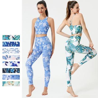 Quick-drying tight printed yoga pants with beautiful back sports vest set